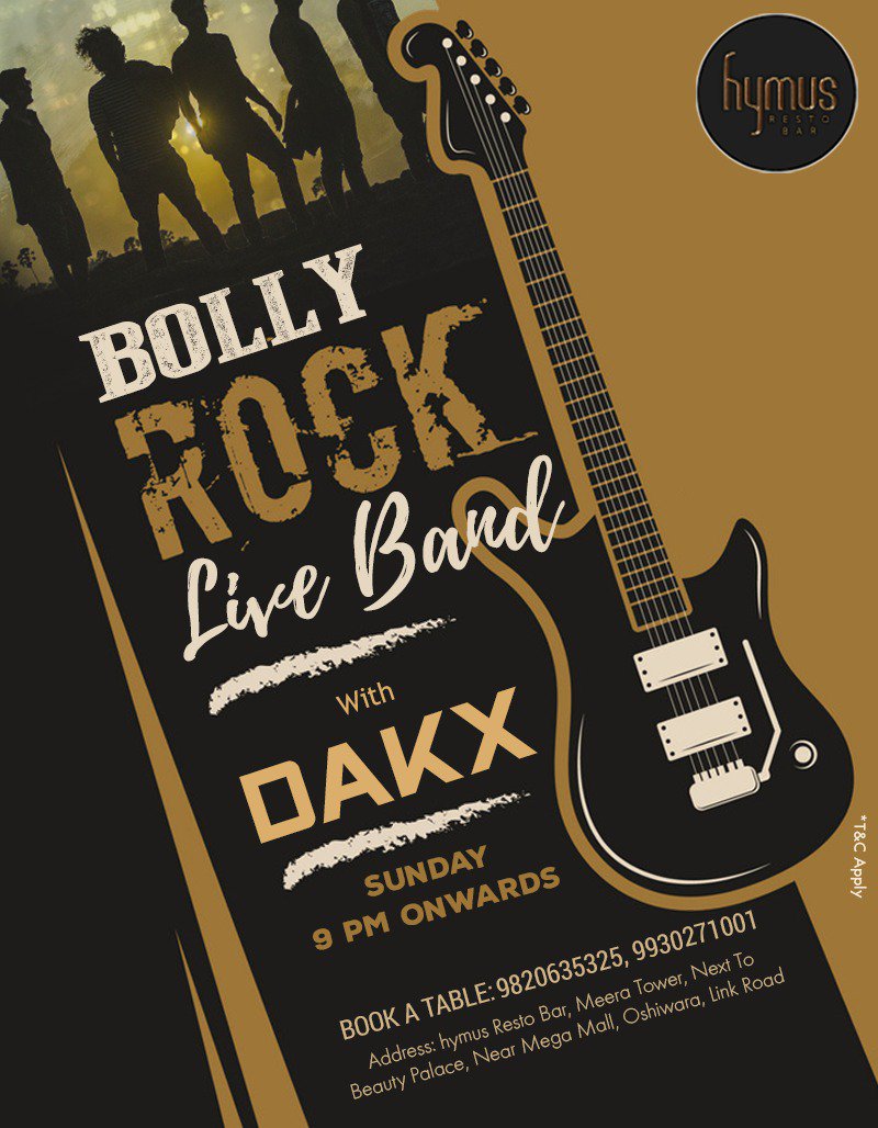 hymusrestobar's tweet photo. A rocking Sunday awaits you at the Bollywood Rock Night with DAKX at hymus Resto Bar. 
For reservations, call on 9820635325/993027100.
.
.
#livemusic #rockmusic #rocknight #drummer #guitarist #vocalist #musicians #nightlife #hymusrestobar #SundaySpecial #rockband #livemusic https://t.co/0daR9baXF1