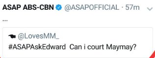 MadameSeniorita's tweet photo. Medyo napikon si Bibi Boy sa tanong hahaha...
Ganyan nga @Barber_Edward_ panindigan mo ang sinabi mo na "From now on, no one touches Shine (@maymayentrata07 ). She's my JOWA. She's mine! ALL MINE!"
Ano mga delulu, mashaket ba? Tagos na ba sa bone marrow?
MAYWARDxASAP VacayZON https://t.co/tjw8MqiIcr