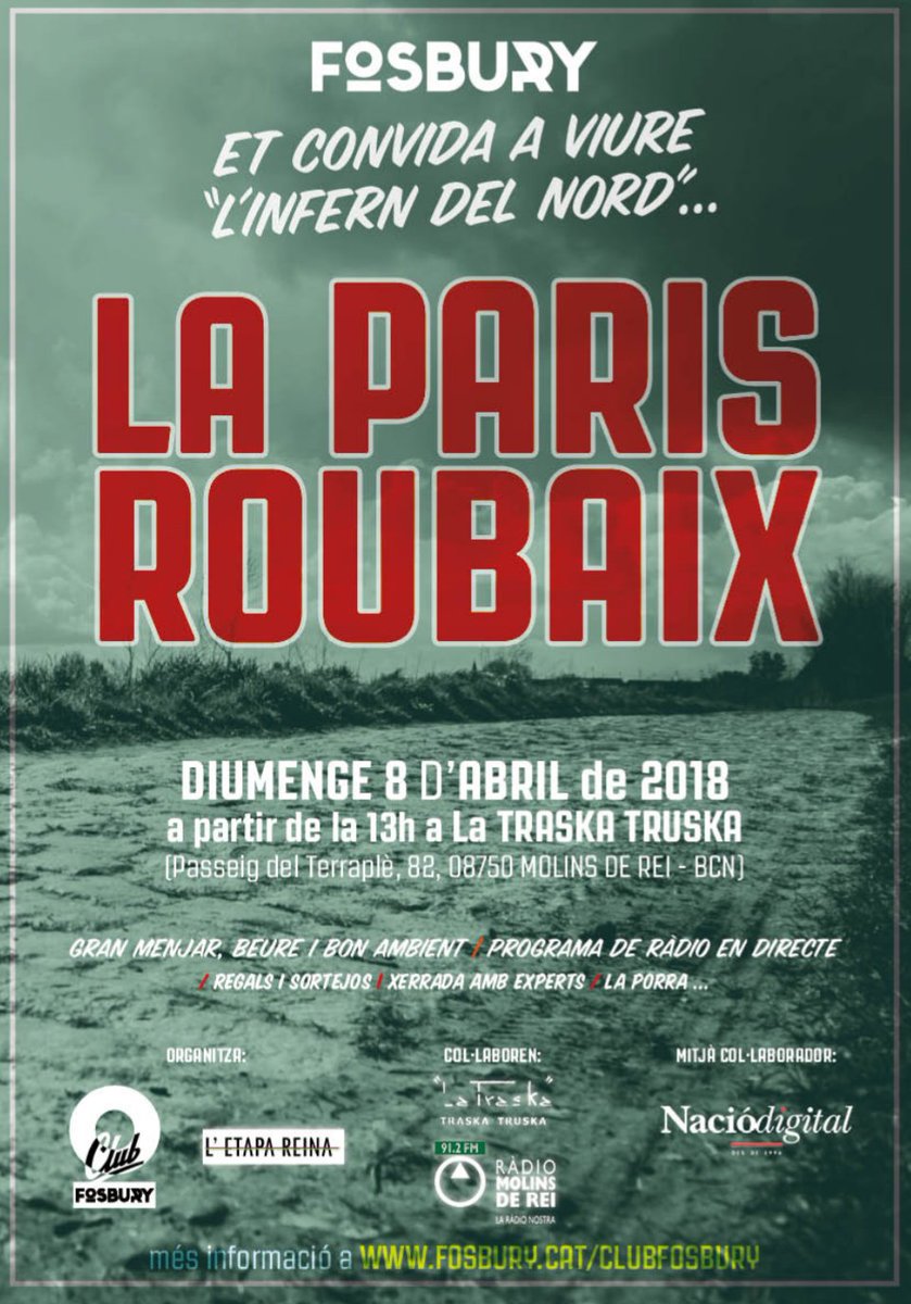 LEtapaReina's tweet photo. Recorda que avui tens tres cites en una!
1. Amb el millor ciclisme! #ParisRoubaix!
2. Amb el millor menjar! Traska Truska!
3. Amb la millor companyia! @LaFosbury i @LEtapaReina!

#molinsderei #diumenge https://t.co/UazFqqknw1