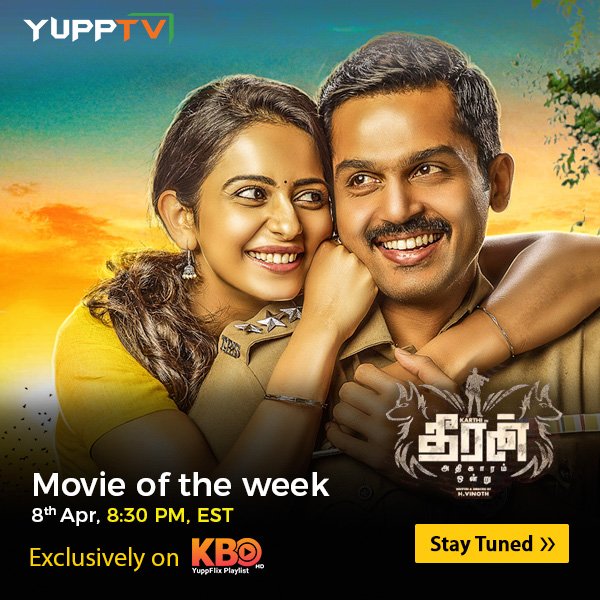 yupptv's tweet photo. #MovieOfTheWeek Watch Blockbuster Action Thriller #TheeranAdhigaaramOndru starring @Karthi_Offl and @Rakulpreet tonight on #KBOTVLive at https://t.co/F4o5lsRoGC https://t.co/Y1Vze7ZN3S