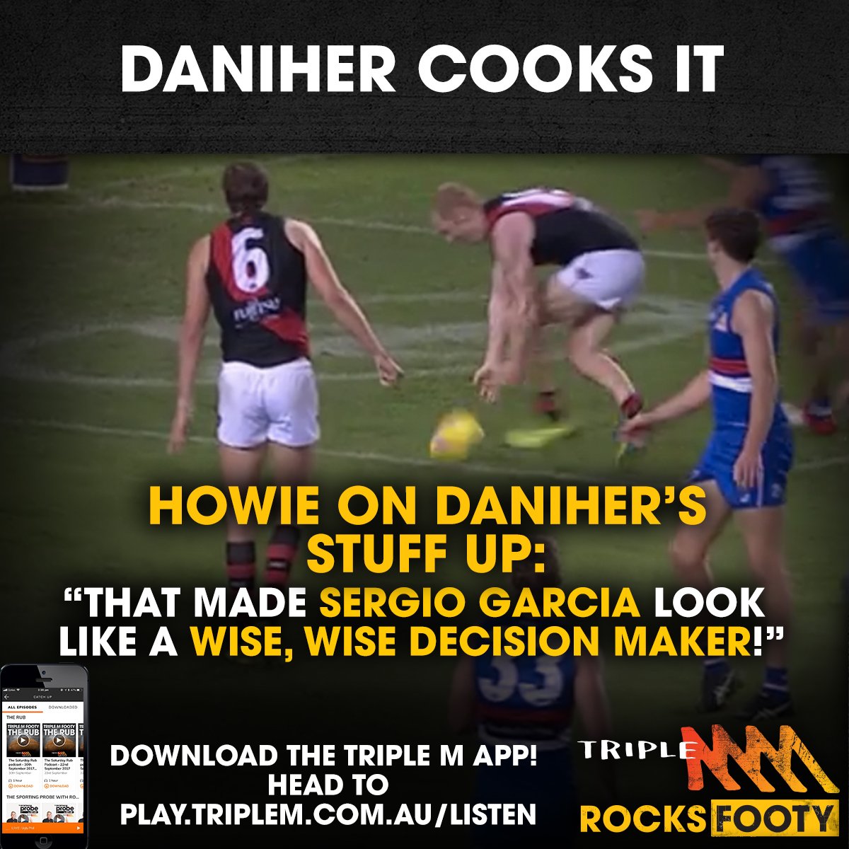 triplemfooty's tweet photo. Joey Daniher took a massive hanger at the top of the goal square, then followed it with a terrible handball to Josh Green that cost the Bombers a goal that would have put them 10 points down with five minutes to play. The boys in the commentary box were astonished! #AFLDogsDons https://t.co/5OA32AGLEZ