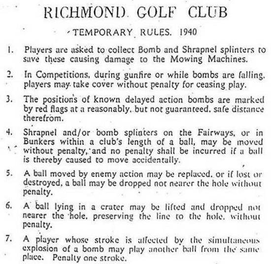 Richmond Golf Course rules, post WW2 outbreak.