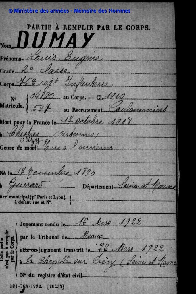 LievenHaak's tweet photo. @1J1Poilu Louis Eugène DUMAY, de #CreçyLaChapelle (77) , 2ème classe au 76ème RI , tué à l’ennemi le 17 octobre 1918 à #chestres (08) https://t.co/bKx3Ni3izL