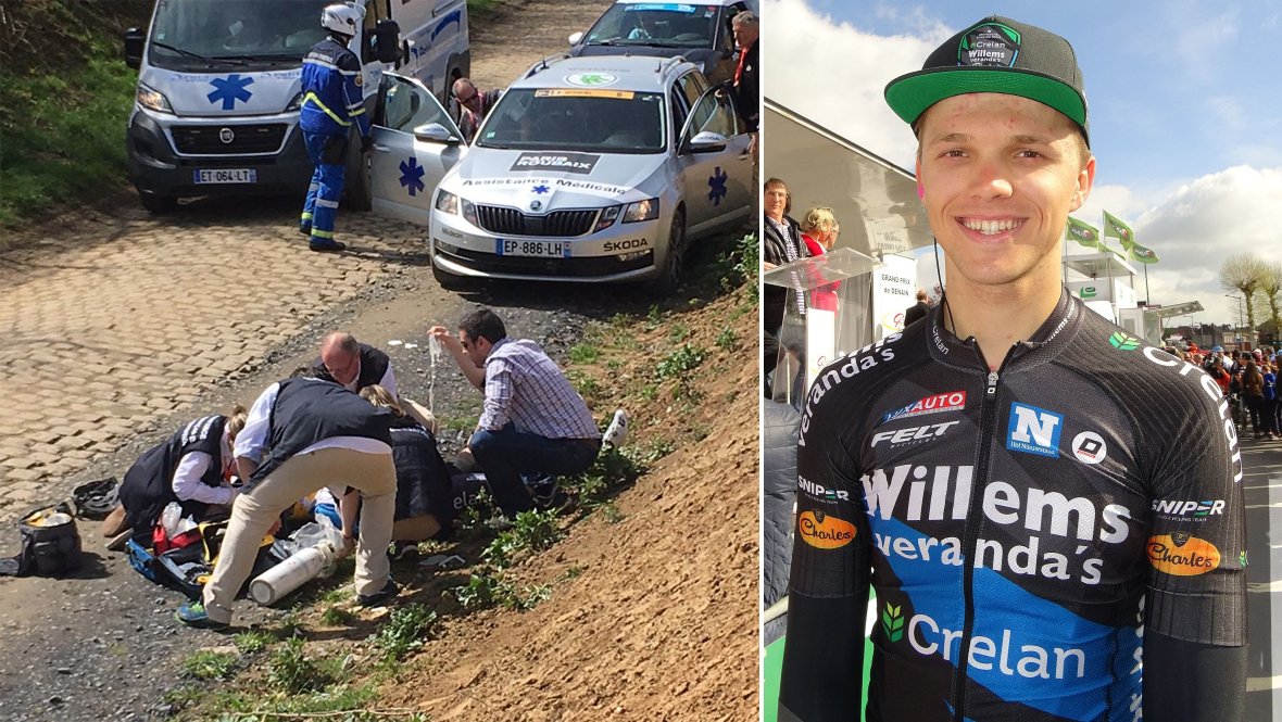 F3nord's tweet photo. #ParisRoubaix Michael Goolaerts a été réanimé et héliporté à Lille après sa chute sur le secteur pavé de Briastre ► https://t.co/1BFGuopFNK https://t.co/BW8U9TMOuw