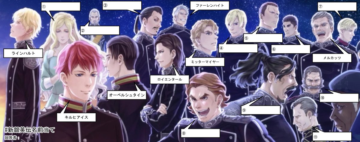 お見積り 姉と皇帝は置いといて 3 メックリンガー 4 ルッツ 5 ワーレン 6 ミスターレンネン 7 シュナイダー 襟元が赤いのがたぶん佐官 1話でメルカッツの横に控えてる 8 ビッテンフェルト 9 ケンプ 10 シュタインメッツ 11 アイゼナッハ 新銀