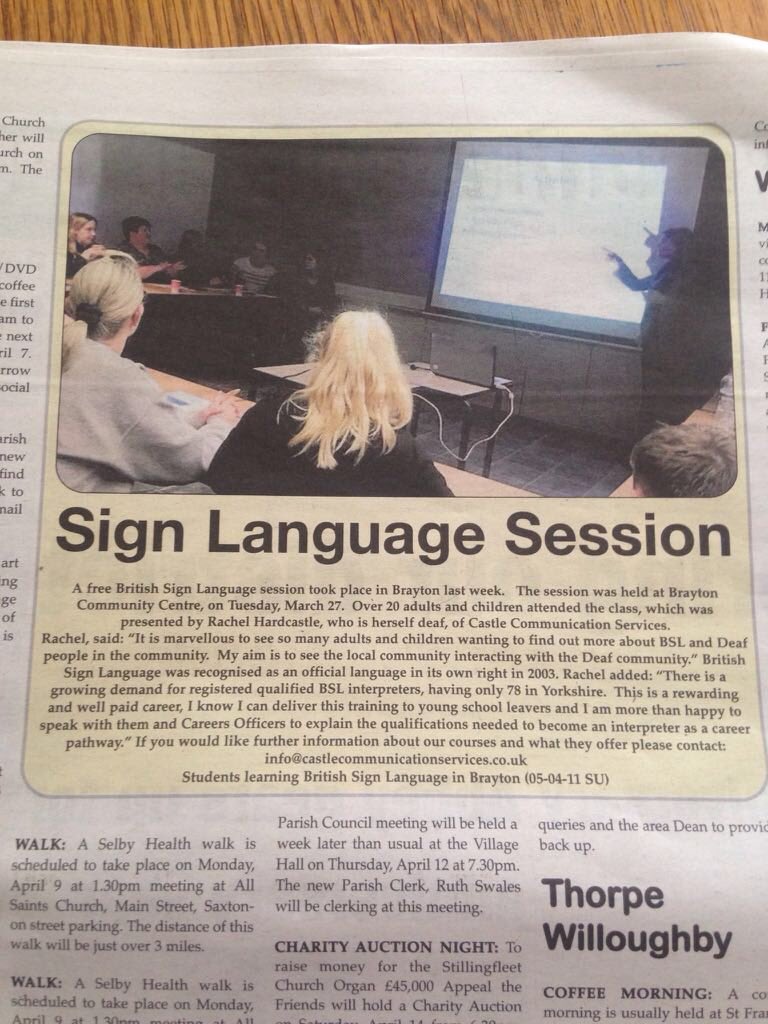 Very pleased to see this in local paper, thank you @Selby_Times 📖🤓Learning sign language benefits for those with hearing loss & services dealing with Deaf/HOH customer. Deaf Awareness Training is essential! @AccessSelby @HortonSelby @AgeUKSelby CONTACT US: @CastleCommServs