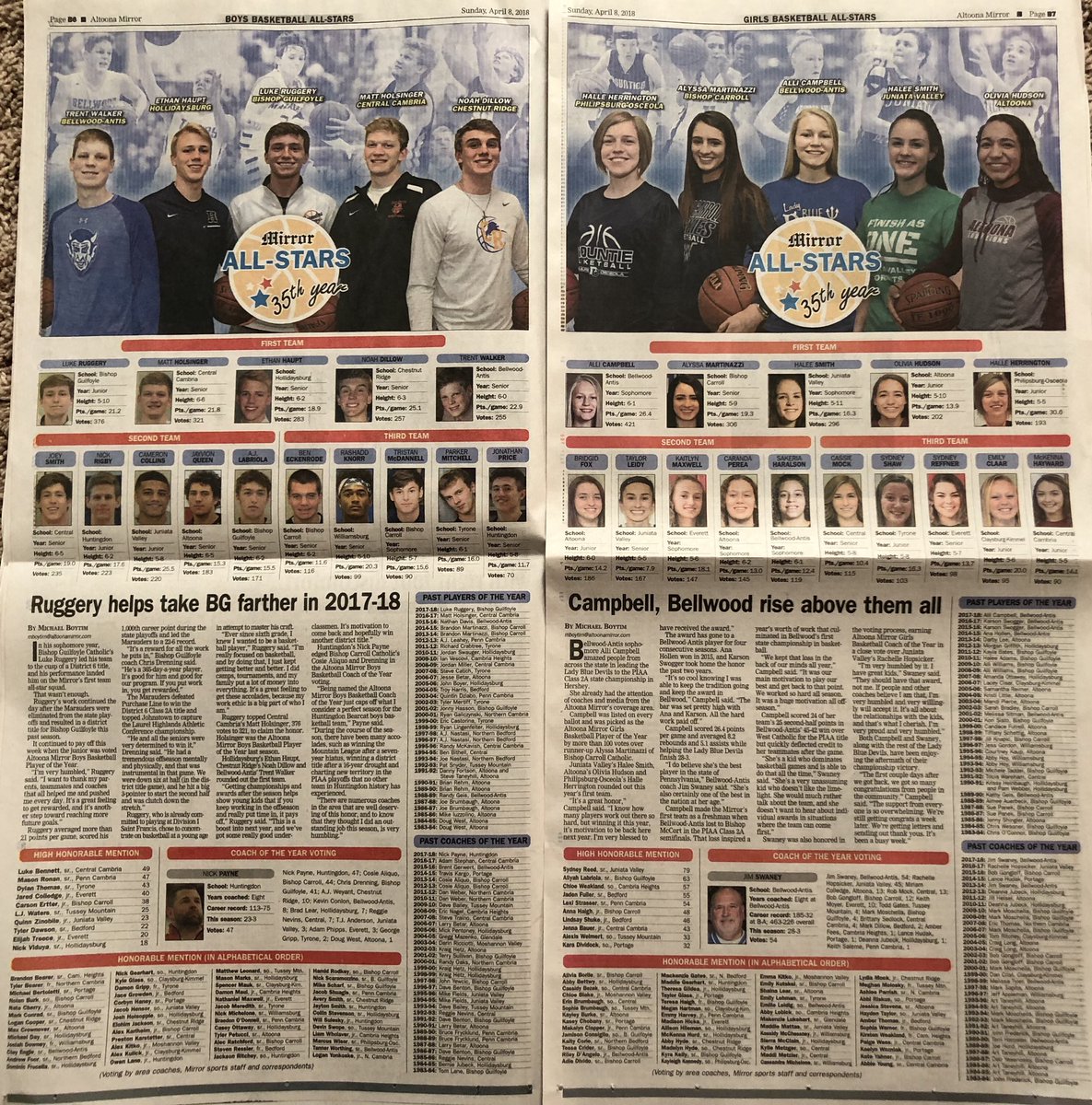 BillyClapperBCB's tweet photo. I will always say that I have not seen any other region celebrate it’s high school sports like Central Pennsylvania! The Altoona Mirror shared its #basketball all stars this morning in its #newspaper, Proud of each of you that I have gotten to build relationships over the years! https://t.co/c5RuXy2KT7