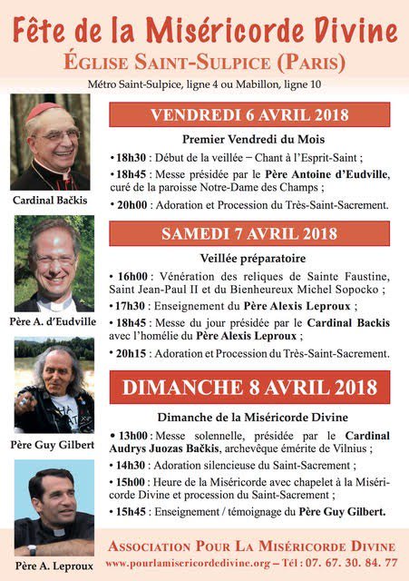 Misericorde_Div's tweet photo. La messe solennelle du dimanche de la Miséricorde Divine a lieu aujourd'hui à 13h Saint Sulpice, présidée par Son Eminence le cardinal Backis, archevêque émérite de Vilnius. Adoration à 14h30, chapelet à la Miséricorde Divine 15h, enseignement du père Guy Gilbert 15h30 https://t.co/dEwTjWwNUV