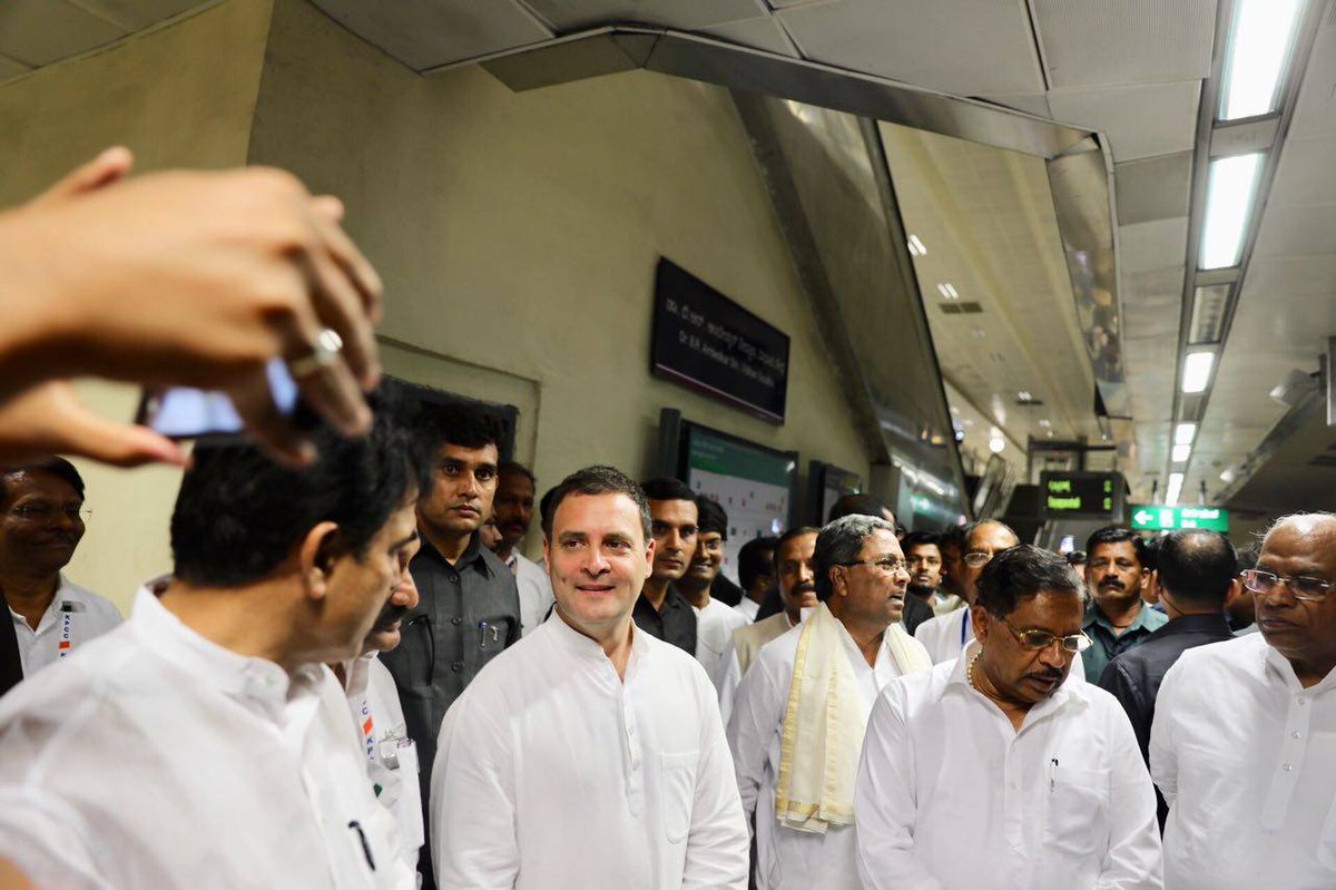 INCIndia's tweet photo. Congress President @RahulGandhi takes a ride across town in the #NammaMetro in Bengaluru #BengaluruNammaHemme #JanaAashirwadaYatre https://t.co/LxhxjAPkOP