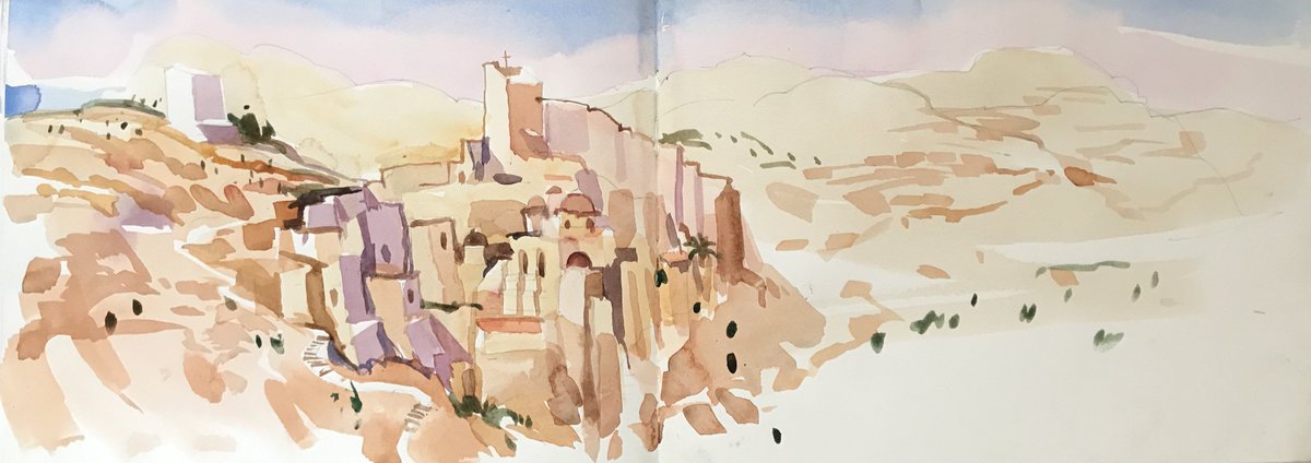 mallgalleries's tweet photo. The monastery of #marsaba is one of the oldest in the world! If you caught #paintingtheholyland with @lachlangoudie on #easter weekend you would have seen him talking about this beautiful place. View this sketch over on Mall Galleries' Buy Art | Buy Now : https://t.co/jQvHFXTdSt https://t.co/GMymvAxiig