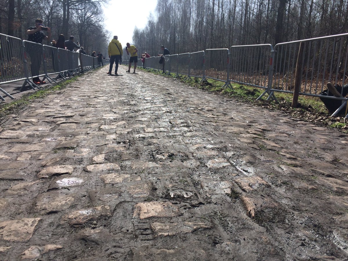 De kasseien in het Bos van Wallers liggen er nog aardig nat bij. #ParisRoubaix #cobblestones #kasseienvreten