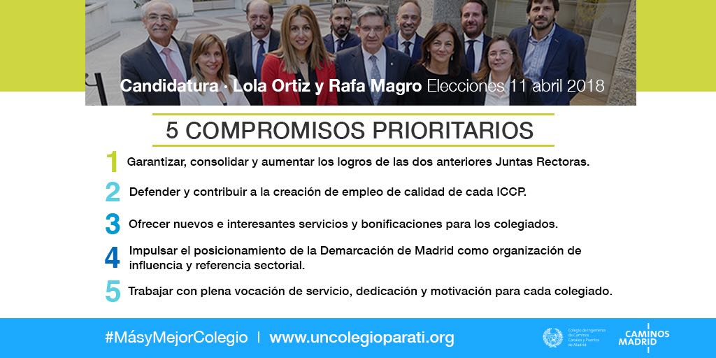 Programa #MásyMejorColegio: Defensa del empleo de calidad y salarios dignos, consolidar a los ICCP en nuevos sectores, nuevos servicios bonificados, defensa de la profesión y garantizar logros de anteriors juntas para @CaminosMadrid. Consulta programa:
uncolegioparati.weebly.com/programa.html