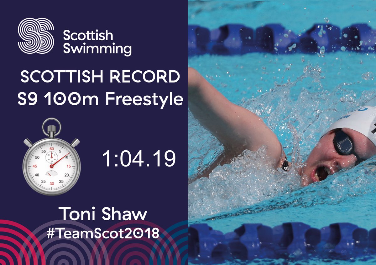 ScottishSwim's tweet photo. NEW SCOTTISH RECORD for Toni Shaw of 1:04.19 in S9 100m Freestyle. Fantastic swim at just 14 years of age #GC2018 #TeamScot2018 #ShareTheDream @tonishaw_x https://t.co/2wqsM1zuTy