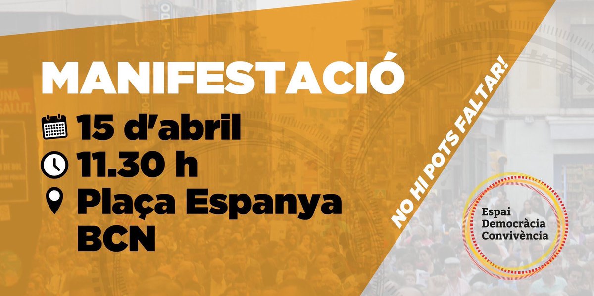 omnium's tweet photo. Diumenge 15 d'abril tornarem a sortir al carrer per denunciar l'autoritarisme de l'Estat i per exigir la #LlibertatPresosPolítics i el retorn dels exiliats 🎗 

🗓 15 d'abril
🕦 11.30 h 
📍 Plaça Espanya, BCN https://t.co/PEhJA6wviZ