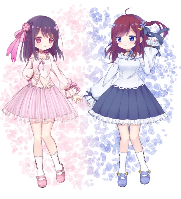 友達がオリジナルのキャラクターと私のキャラクターを同じテイストの衣装で描いてくれてて、その衣装のデザインがめちゃくちゃかわいかったので勝手に描きました。茶髪の子が友達のキャラクターです! 