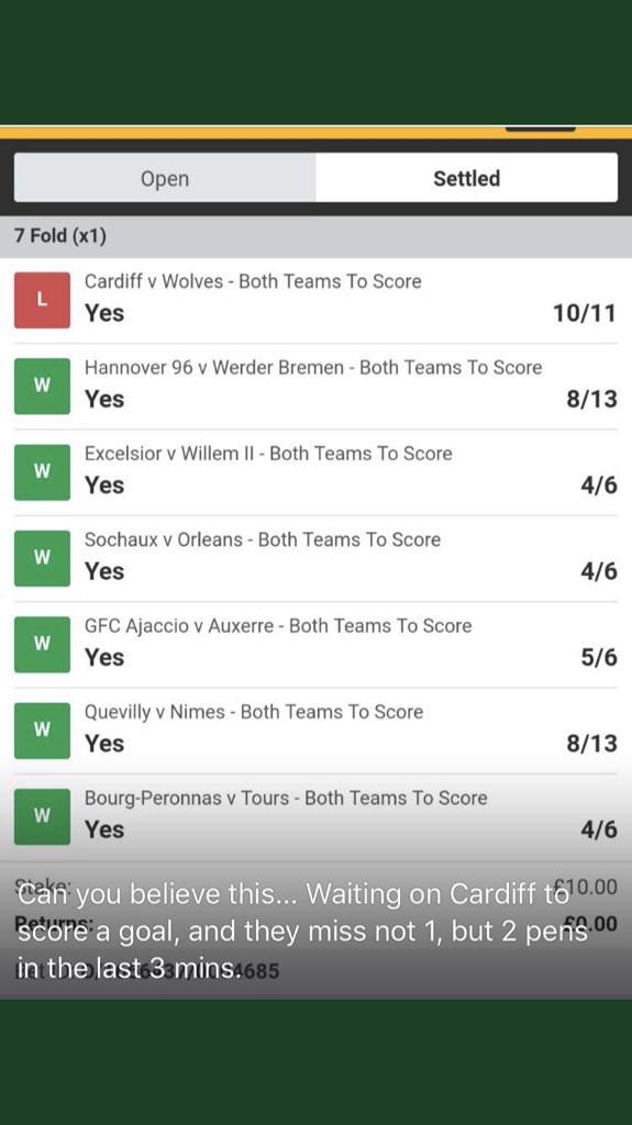TheAlmostClub's tweet photo. Very unlucky #btts acca from Friday night with #Cardiff missing not one, but TWO injury time penalties to let this acca down. Unknown individual who placed it, but for credit purposes @giggsclass originally posted ... unfortunately another one joins #TheAlmostClub https://t.co/9jsYfmtvZU
