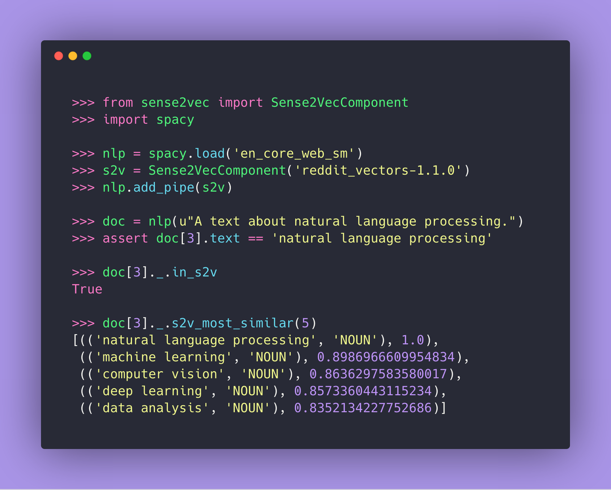 Example of adding a sense2vec component to a spaCy pipeline and getting the 5 most similar terms to "natural language processing"