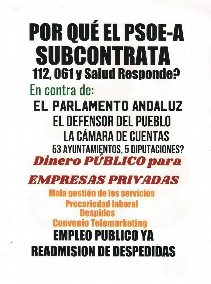 #112SaludResp061PublicosYa 
<a href="/rosaliaespinosa/">Rosalia Espinosa PP</a> <a href="/ppandaluz/">PP de Andalucía</a> <a href="/Cs_Andalucia/">Ciudadanos Andalucía</a> <a href="/iuandalucia/">IU Andalucía🔻</a> <a href="/Podemos_AND/">Podemos Andalucía</a> <a href="/psoedeandalucia/">PSOE de Andalucía</a> <a href="/susanadiaz/">Susana Díaz Pacheco</a> <a href="/AndaluciaJunta/">Junta de Andalucía</a> <a href="/JusticiaJunta/">Consejería Justicia, Admón Local y Función Pública</a> <a href="/EmpleoJunta/">Consejería de Empleo, Empresa y Trabajo Autónomo</a> <a href="/E112Andalucia/">EMA 112</a> <a href="/EmergenciasAnd/">EmergenciasAndalucía</a> <a href="/Cs_Sevilla_/">Ciudadanos Sevilla</a> <a href="/PPdeSevilla/">PP de Sevilla</a> <a href="/CSurNoticias/">CanalSurNoticias</a> <a href="/elpaisandalucia/">El País Andalucía</a>