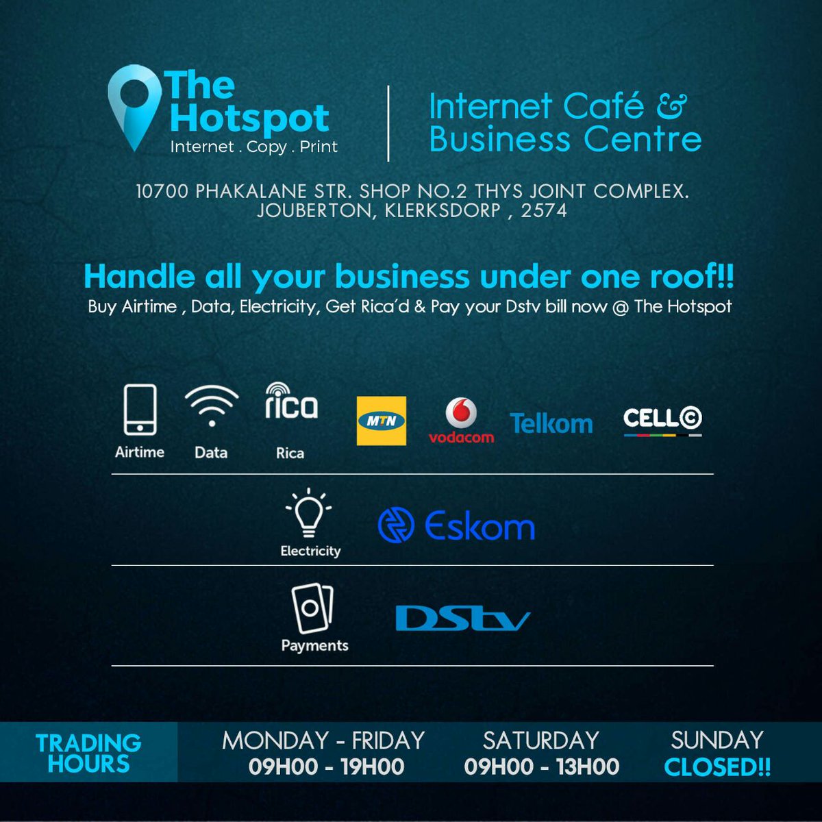 KatlegoNgog's tweet image. Hi all support. They are open Monday to Saturday for all your internet needs plus more. Based in jouberton 
#BlackBusiness #MainHustle #Sidehustle #GirlTalkZA #Sidehustle #Klerksdorp