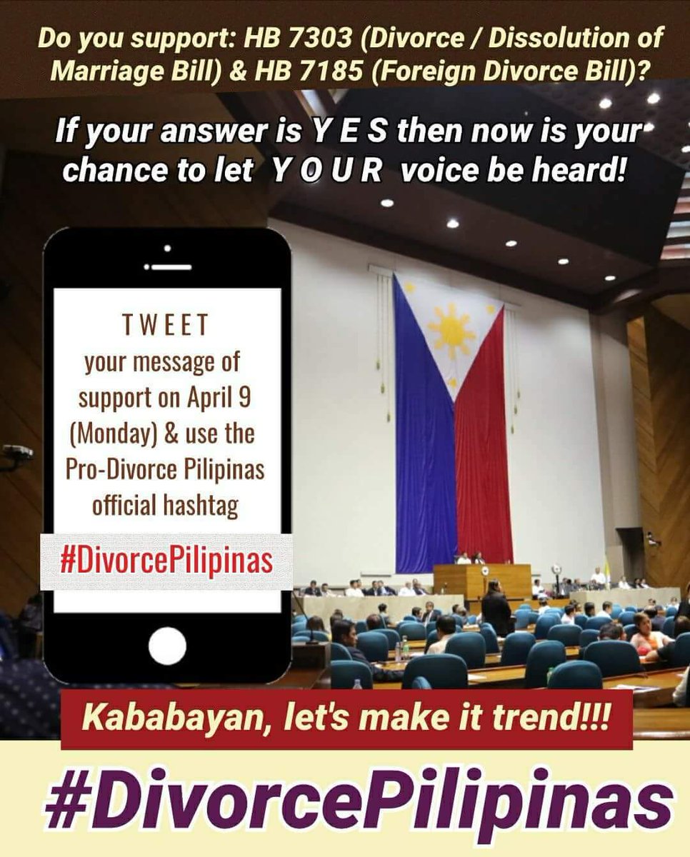 DiborsyongPinoy's tweet image. Are you Pro-Divorce?
Then join our "Kagitingan Para sa Kalayaan" online campaign!
Tweet your support on social media using the hashtag #DivorcePilipinas on Day of Valor! Monday, April 9, 2018
12:01 AM to 11:59 PM!

Let us unite! #DivorcePilipinas