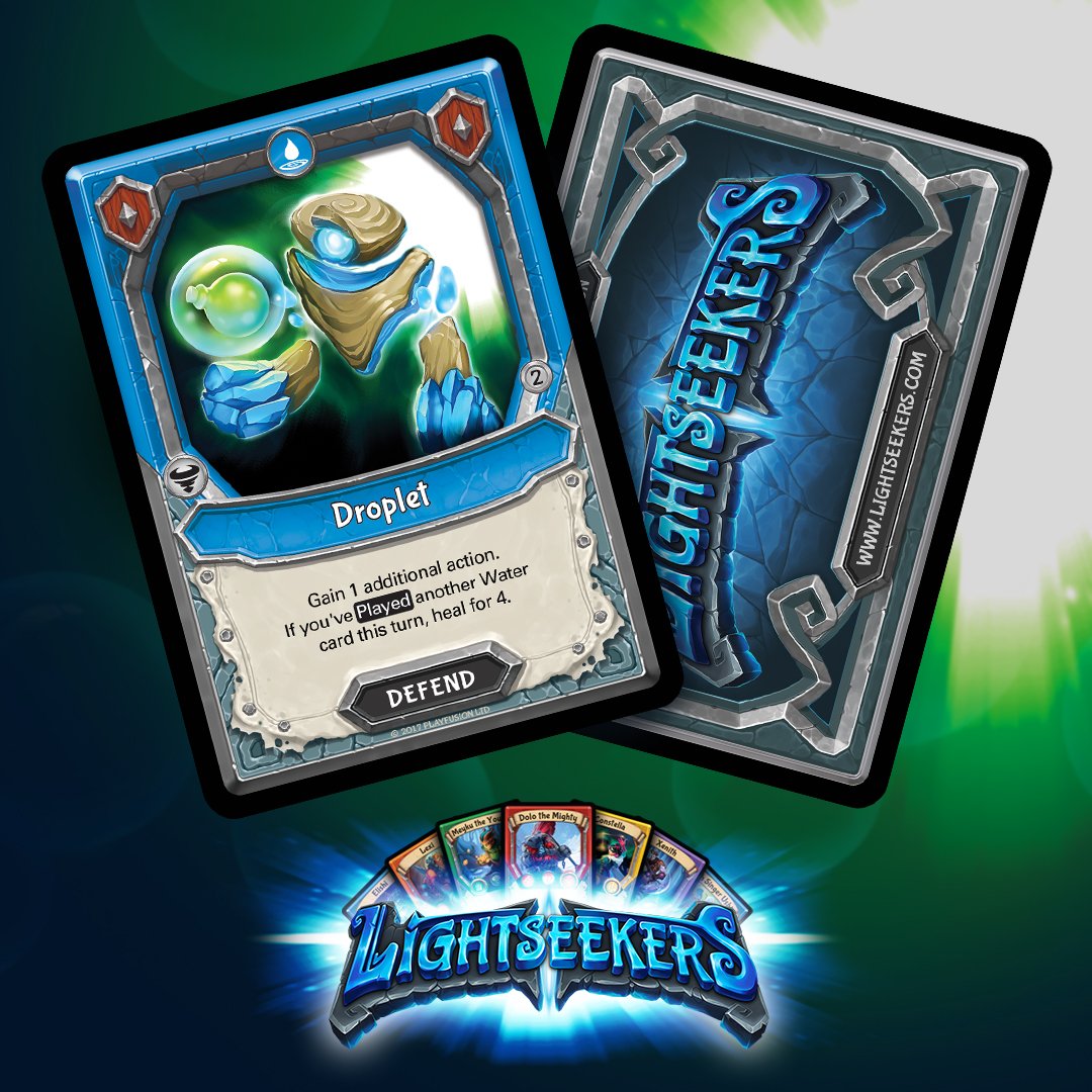 lightseekers's tweet photo. Boost your Water themed decks with the Droplet card from #LightseekersMythical. This card will give you 1 additional action and if you've already played another water card this turn you can heal for 4! https://t.co/sBbSFMA6ep