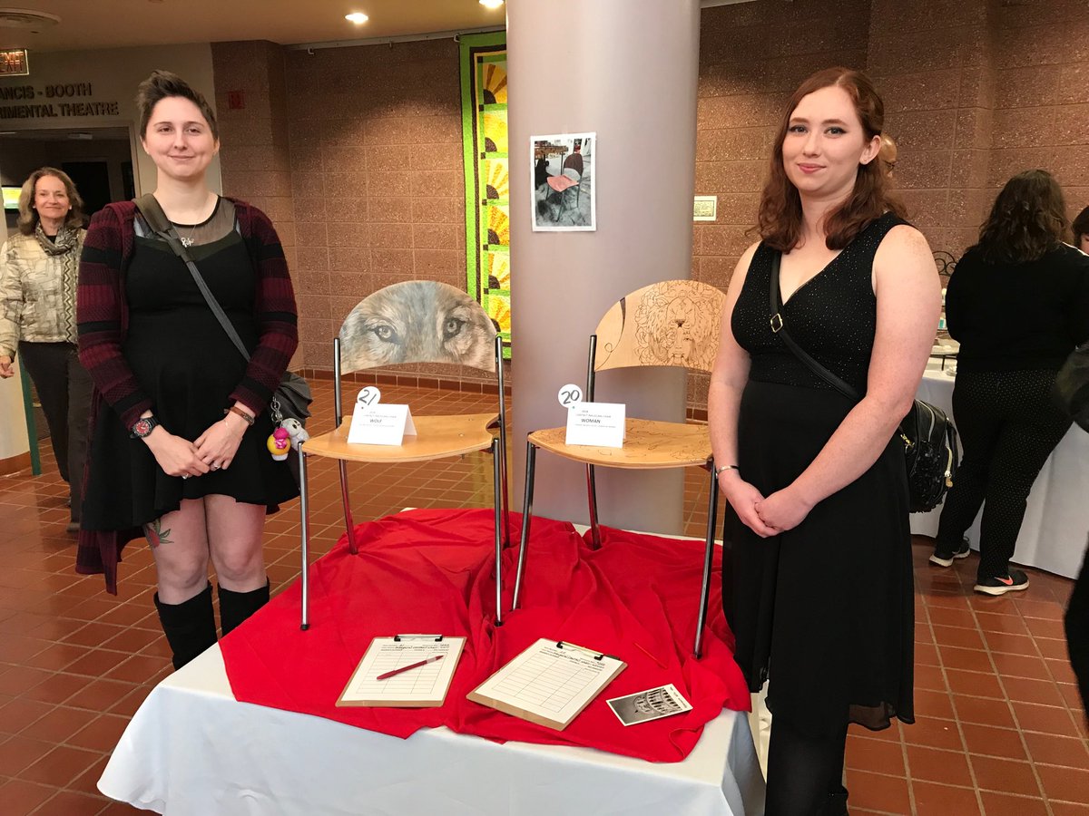muartanddesign's tweet photo. One-of-a-kind chairs by talented illustrators, graphic design alumna, Ashleigh Adkins (L) and graphic design senior, Sam Skinner (R), were featured in the silent auction for the Contact fundraiser last night. https://t.co/2SFY3j5rtx