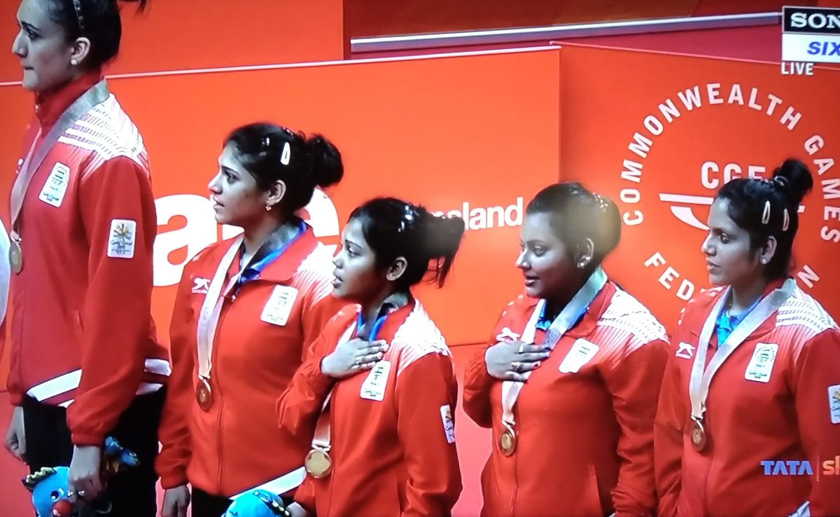 India_AllSports's tweet photo. These are the moments we Sports fans crave for; The Gold Medalist Indian Women's Table Tennis team on the victory podium. Incredible #CWG2018 https://t.co/cK9UainR0s