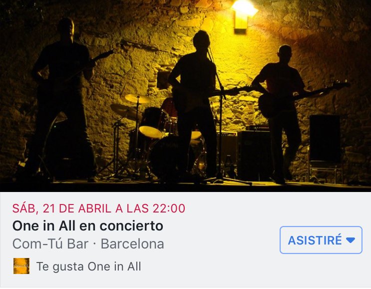 OneinAll_BCN's tweet photo. One in All en directo !!  21 de abril a las 22:00h
Com-Tú Bar
C/ Pere IV 101, 08005 Barcelona https://t.co/gSNjMH8Ae8