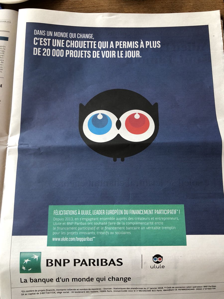 Alexandre Boucherot (@cemonsieur) on Twitter photo Il y a une chouette dans le JDD ce matin ! Merci <a href="/BNPParibas/">BNP Paribas Group</a> d’imaginer avec nous des solutions pour les projets de demain #crowdfunding 🙌 Il y a une chouette dans le JDD ce matin ! Merci <a href="/BNPParibas/">BNP Paribas Group</a> d’imaginer avec nous des solutions pour les projets de demain #crowdfunding 🙌