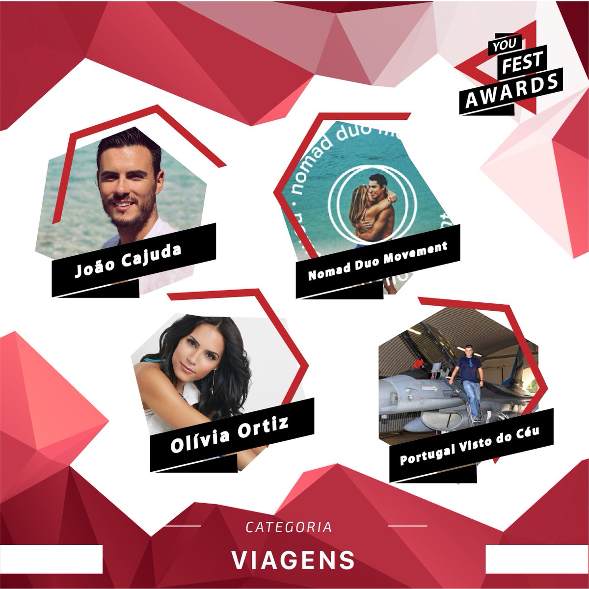 Na categoria de Viagens, os canais nomeados foram <a href="/JoaoCajuda/">João Cajuda</a>, <a href="/_OliviaOrtiz/">Olívia Ortiz</a>, Momad Duo Movement e Portugal visto do Ceu. Não percas tempo e vota já no YouTuber que achas que deve receber o prémio! ;-) Sabe mais em youfestawards.pt/gala/
#youfestawards #yfa2018
