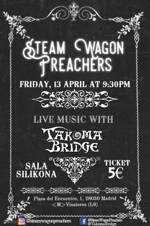 SWPreachers's tweet photo. Come join us tomorrow at @salasilikona It's going to be a great rock'n roll party! #livemusic #concert #Madrid #rock #SteamWagonPreachers https://t.co/txQMwaXIW7