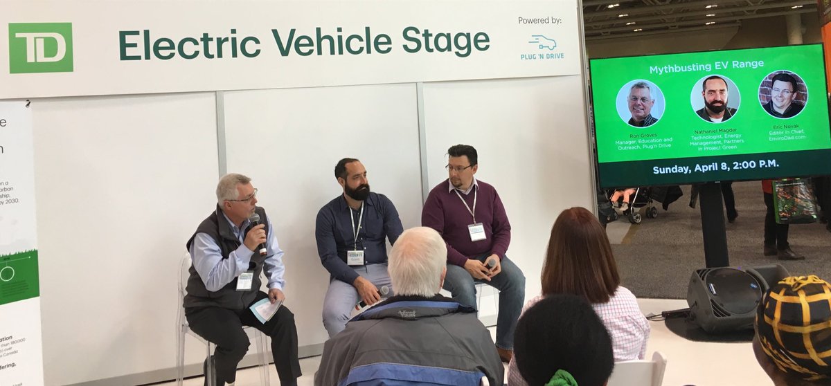 SarahMargolius's tweet photo. “Mythbusting #EV Range” at the TD Electric Vehicle Experience stage at the Green Living Show #Toronto. @PPGpearson’s Nathaniel Magder in conversation w/ Eric Novak and Ron Graves. @dad4conserving @PlugN_Drive #greenliving #GLD18 https://t.co/z6dzdb9cSS