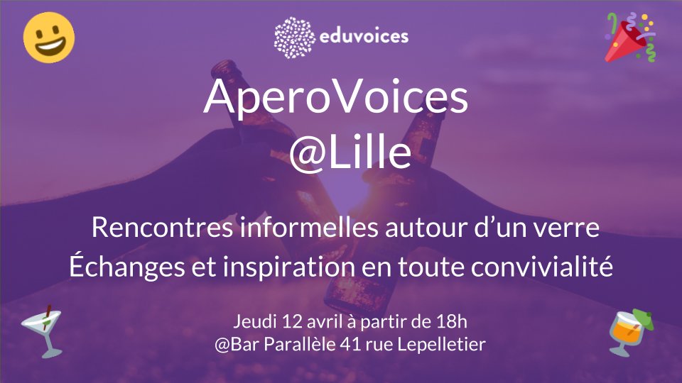 eduvoices's tweet photo. 🥂 #AperoVoices
📆 4 avril 2018
⏰ à partir de 18h
📍 Bar parallèle, 41 rue Lepelletier #Lille 
👥Rencontres informelles
💡Échanges et inspiration
😀Convivialité et bonne humeur
cc @ChrisDelepierre @AmberOgborn @Elpl01 @CathyFlahaut @sophiehaquette3 @hugocinet @croquelapommebe https://t.co/OlRDtIPM6Y