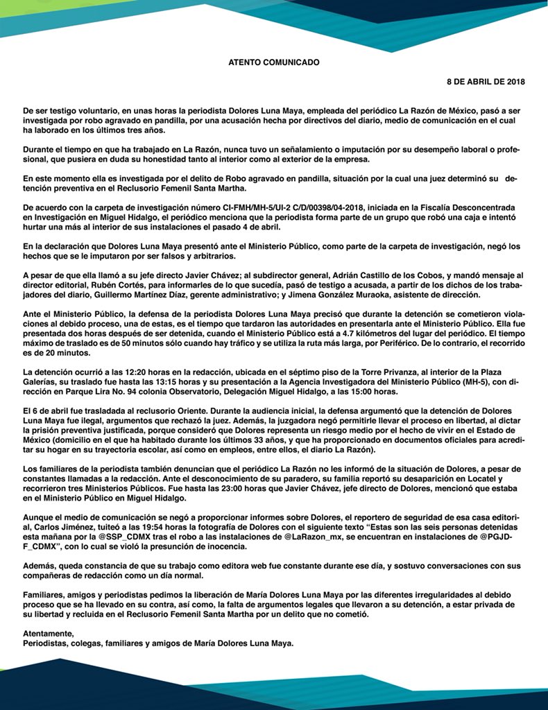 HectorLedezmaOf's tweet photo. ¡Buscamos ayuda y JUSTICIA!  Dolores Luna Maya  colaboradora del periódico La Razón de México pasó de testigo a ser investigada por robo agravado en pandilla. #JusticiaParaLolaLuna @SSP_CDMX @CDHDF #JusticiaparaDoloresLuna #JusticiaParaLolaLuna https://t.co/koopheLHxw