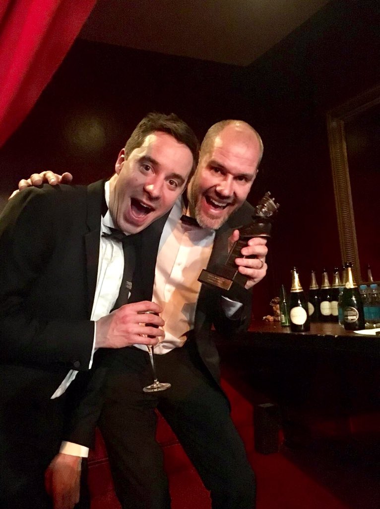 TicketmasterB2B's tweet image. Here it is! A real #olivierawards winner James Graham awarded for Best New Comedy, and posing with our Captain of #Theatre Gary. CONGRATULATIONS  🍾🍾🍾