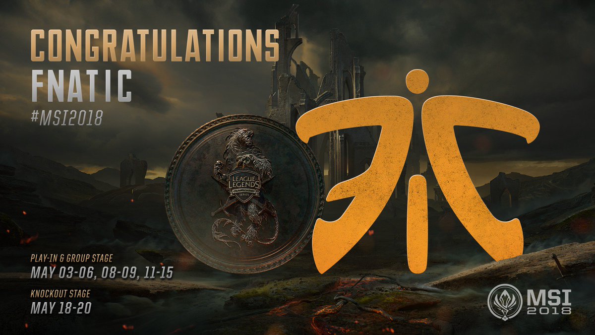 lolesports's tweet photo. Congratulations to @FNATIC on winning the 2018 #EULCS Spring Split and qualifying for the 2018 Mid-Season Invitational! #MSI2018 https://t.co/zdXRIfBtN3