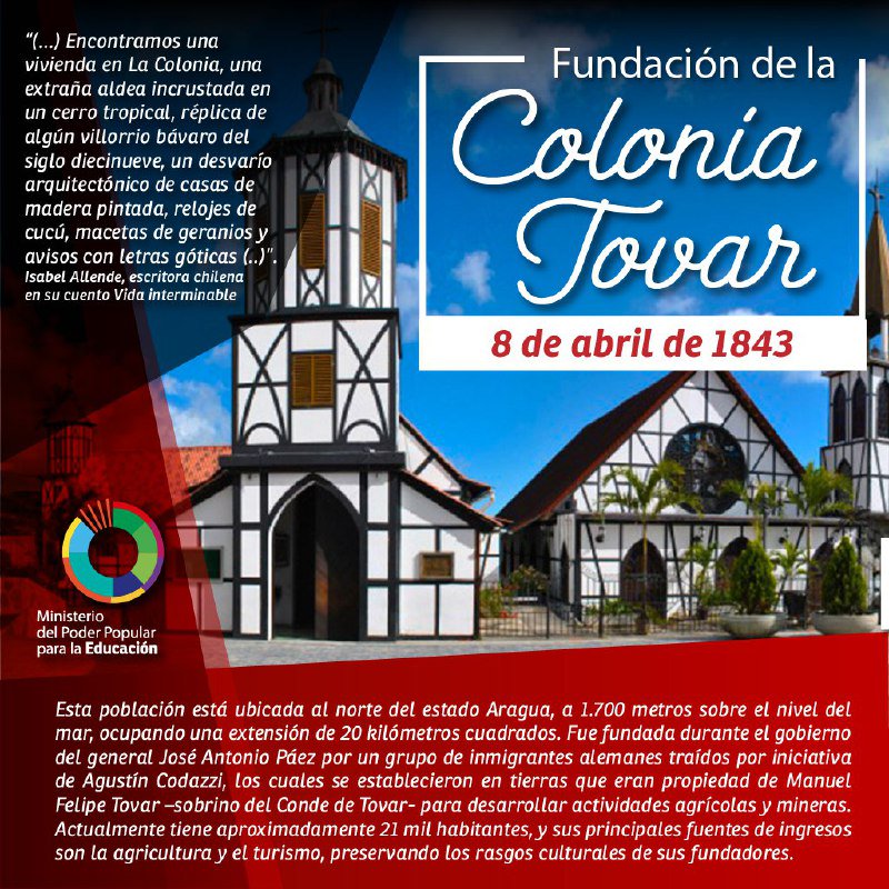 #Efeméride | Tal día como hoy, hace 172 años, fue fundada la Colonia Tovar, en el estado #Aragua, cuyos primeros habitantes fueron colonos alemanes que se establecieron para dedicarse a la agricultura y minería <a href="/JauaMiranda/">Elías Jaua</a> <a href="/NicolasMaduro/">Nicolás Maduro</a> #SaludYVacunaciónParaTodos