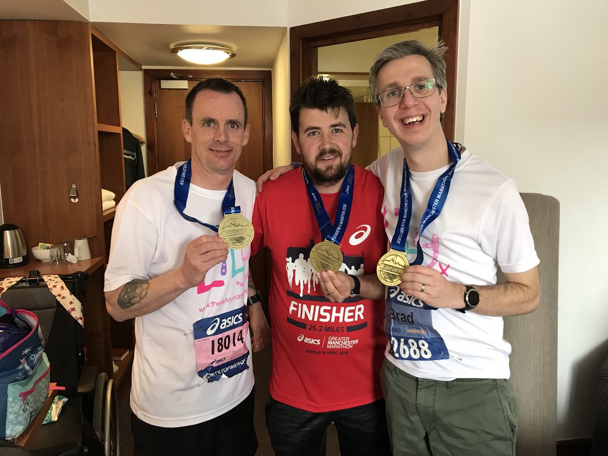 BradleyStacey's tweet photo. Oh my god we did it! Well done team! Thank you @4Lilyfoundation and @BrayLeino for all the support. Same time next year @philosborne3? 💪🥇👌😁 #ManchesterMarathon #mitoaware #runforlily https://t.co/94qidjzXEB