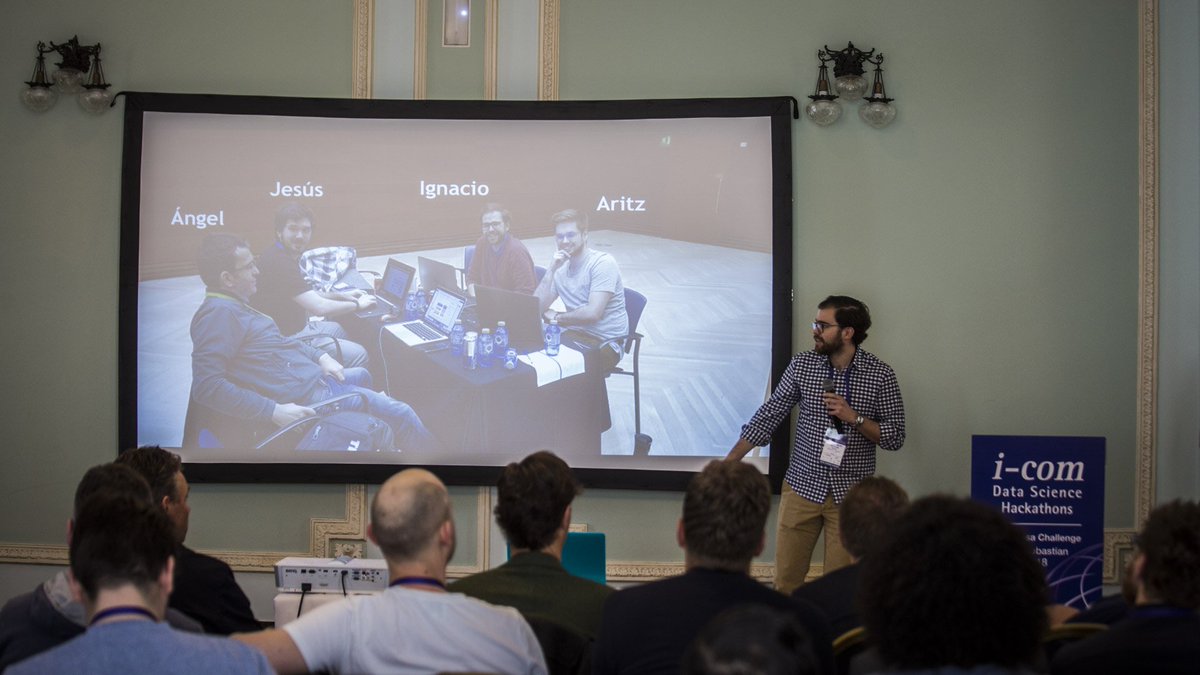 icomglobal's tweet photo. The first of our three @uc3m teams to present after the break is Team B. They have chosen to take on the @lufthansa Challenge. #icomhackathons18 #icom18 https://t.co/VBYr5wco3G
