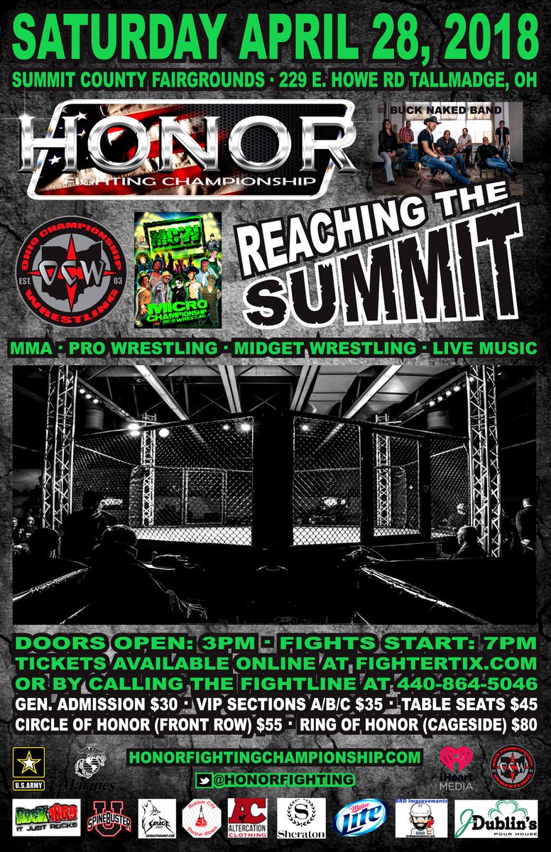 HonorFighting's tweet photo. It's our BIGGEST EVENT YET! Join us on April 28th for #HFC4 #ReachingTheSummit at the Summit County Fairgrounds! Ft. Special guests @OCWonline @MCWMidgets and The Buck Naked Band! Tix available at https://t.co/Mk9gzErhFw #mma #LiveMusic #beer #prowrestling #midgetwrestling https://t.co/PRQIMDQKPS