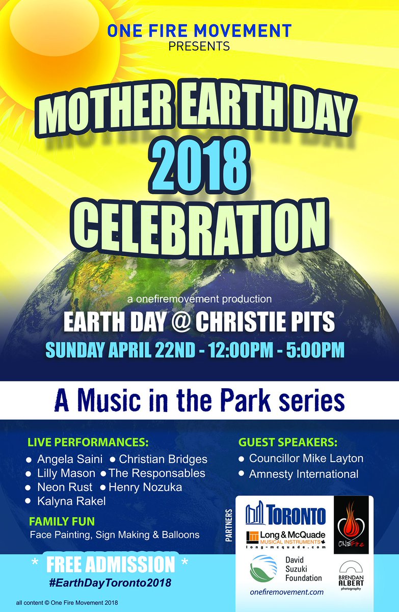 OneFireMovement's tweet photo. 2 weeks from today we celebrate our annual Earth Day 2018 in Christie Pits Park !!! A celebration for Mother Earth with amazing artists and family fun !!! @Spezzie @angelasaini @universalbridge @HenryNozuka @lillymason @KalynaRakel @neonrustmusic @theresponsables https://t.co/jT0aqM0qEQ