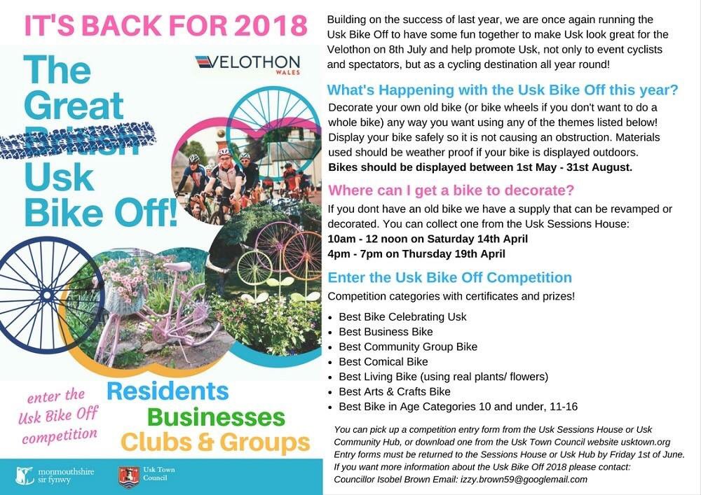 UskTownCouncil's tweet photo. Great news! Our supply of bikes to decorate for the Usk Bike Off competition have now arrived at The Sessions House. If youβd like to collect one you can on Saturday 14th April https://t.co/ujQUq5LAsh - 12noon and Thursday 19th April 4pm - 7pm #uskbikeoff #velothonwales #cycleusk https://t.co/cBwsP4JSSg