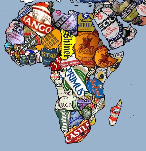 Cool! Beer continent. Africa map with countries represented by labels of their most popular beers. #beer #localbeer #dontgothirsty #whistler #Africa #craftbeer
