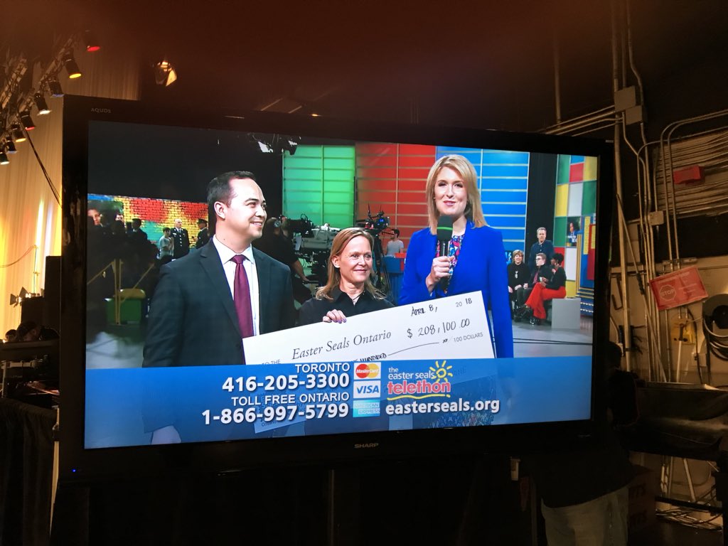 EasterSealsON's tweet photo. Tony Lalonde from @ScotiaWealth & Kim Whaley from @WELPartners big supporters of #DropZoneToronto present a whopping cheque. Thank you! https://t.co/de2XwprfJf
