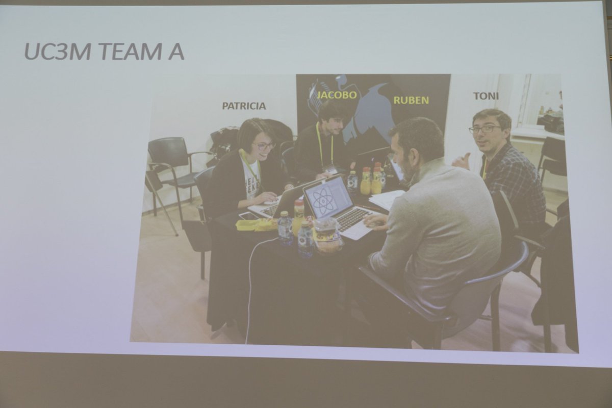 icomglobal's tweet photo. Here is Team A from @uc3m, presenting what they accomplished during the #DataScience #Hackathon to the @Intel jurors.
#icomhackathons18 #icom18 https://t.co/TA6VILBMux
