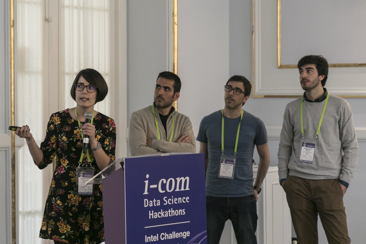 icomglobal's tweet photo. Here is Team A from @uc3m, presenting what they accomplished during the #DataScience #Hackathon to the @Intel jurors.
#icomhackathons18 #icom18 https://t.co/TA6VILBMux