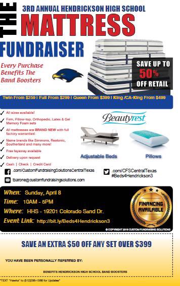 Hendrickson HS Band Mattress Fundraiser TODAY 10 am to 5pm at the Hendrickson HS Cafeteria.  Great beds, great prices!