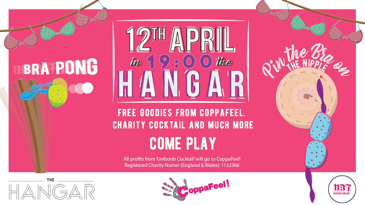 <a href="/ubt_worcester/">Uni Boob Team Worcester 💓</a> fundraising event in the Hangar this Thursday is definitely one to be at! Why wouldn't you want to play a bit of bra pong?! All raising money for <a href="/CoppaFeelPeople/">CoppaFeel!</a> 💕