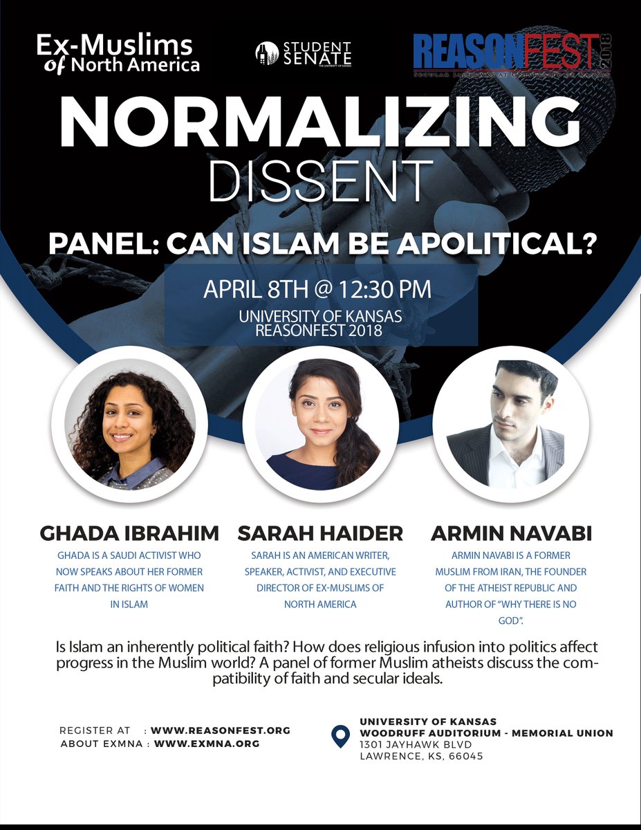 ElRazhes's tweet image. Final day of #ReasonFest2018. Abby Barefoot (11:30am sharp) will discuss the Collusion b/w Religious Right &amp;amp; TERFS agnst Trans Rights. And Normalizing Dissent Panel on, "Can Islam be Apolitical?" at 12:30pm. Doors open @ 11am. Woodruff Aud, Univ of Kansas. Reasonfest.org