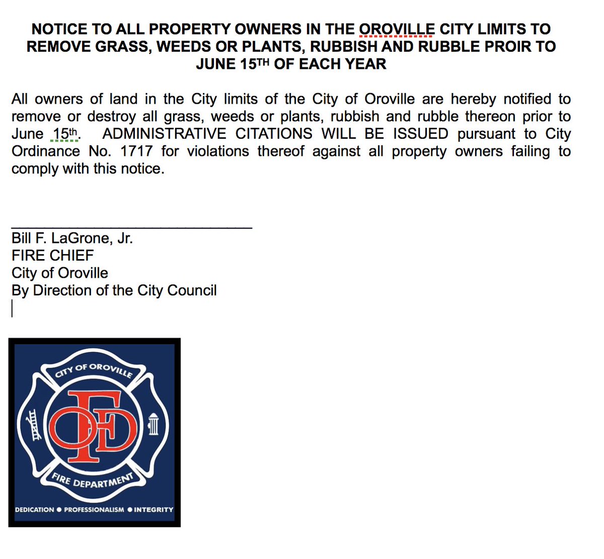 OrovilleFire's tweet photo. Here is a copy of the public notice regarding weed abatement in the City of Oroville. The deadline is June 15th: https://t.co/RDbXE38KSS